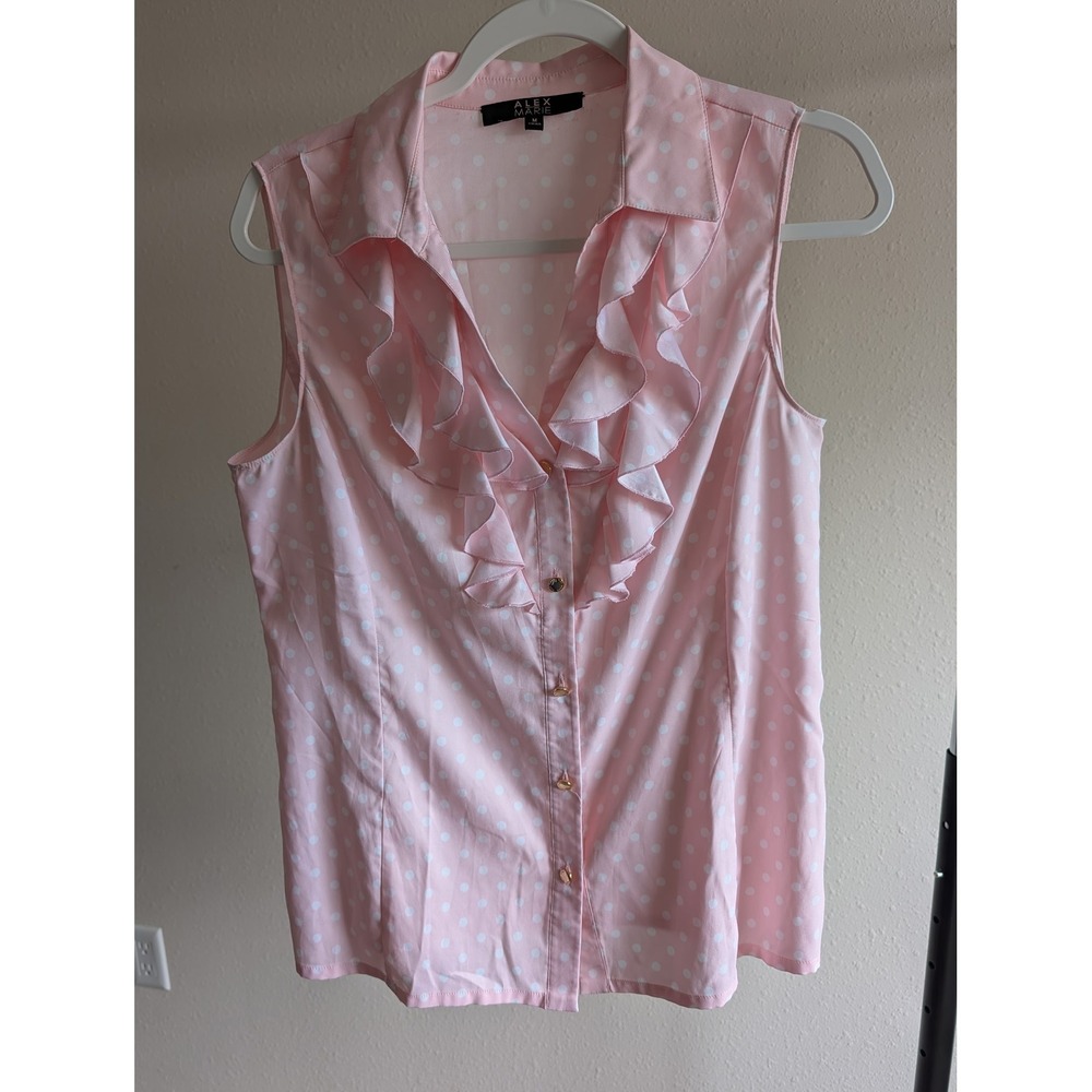 Alex Marie Pink Polka Dot Ruffle Sleeveless Blouse Top Womens Medium
